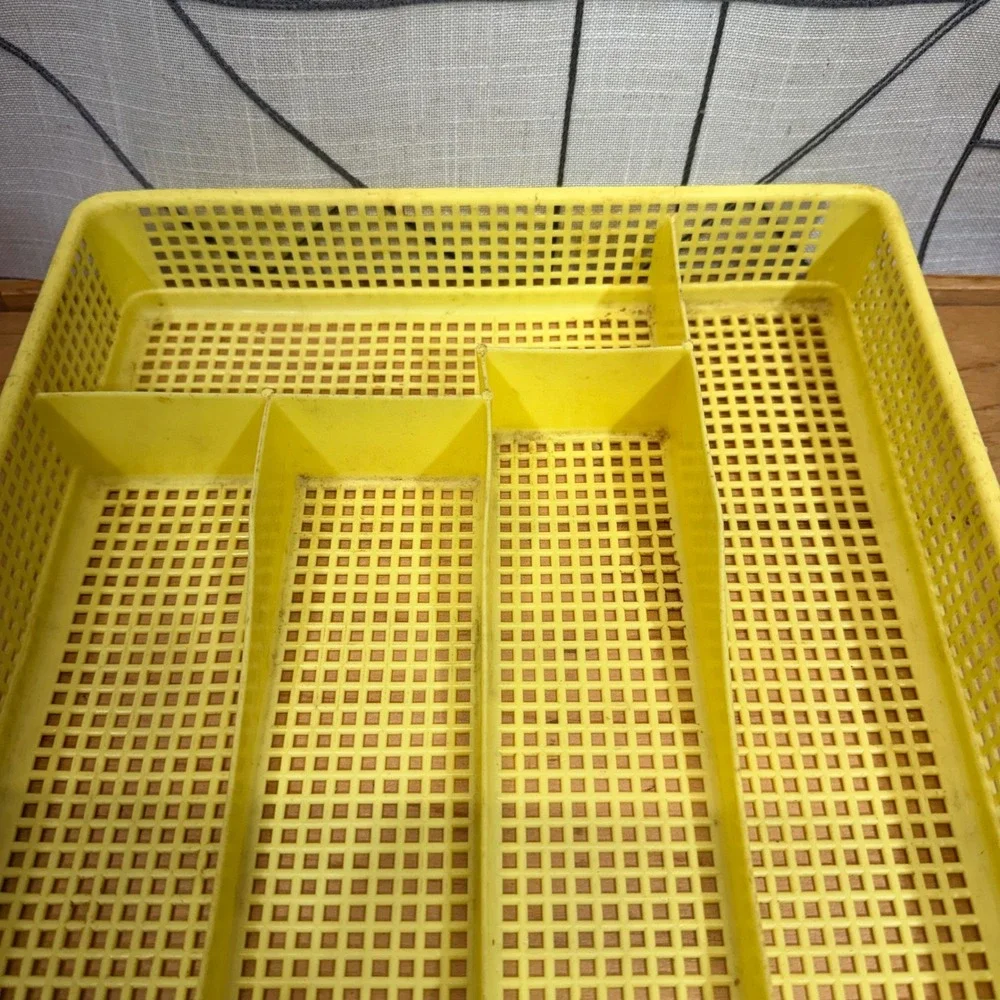 Vintage Yellow Plastic Mesh Silverware Drawer Organizer 5 Compartment Tray Retro